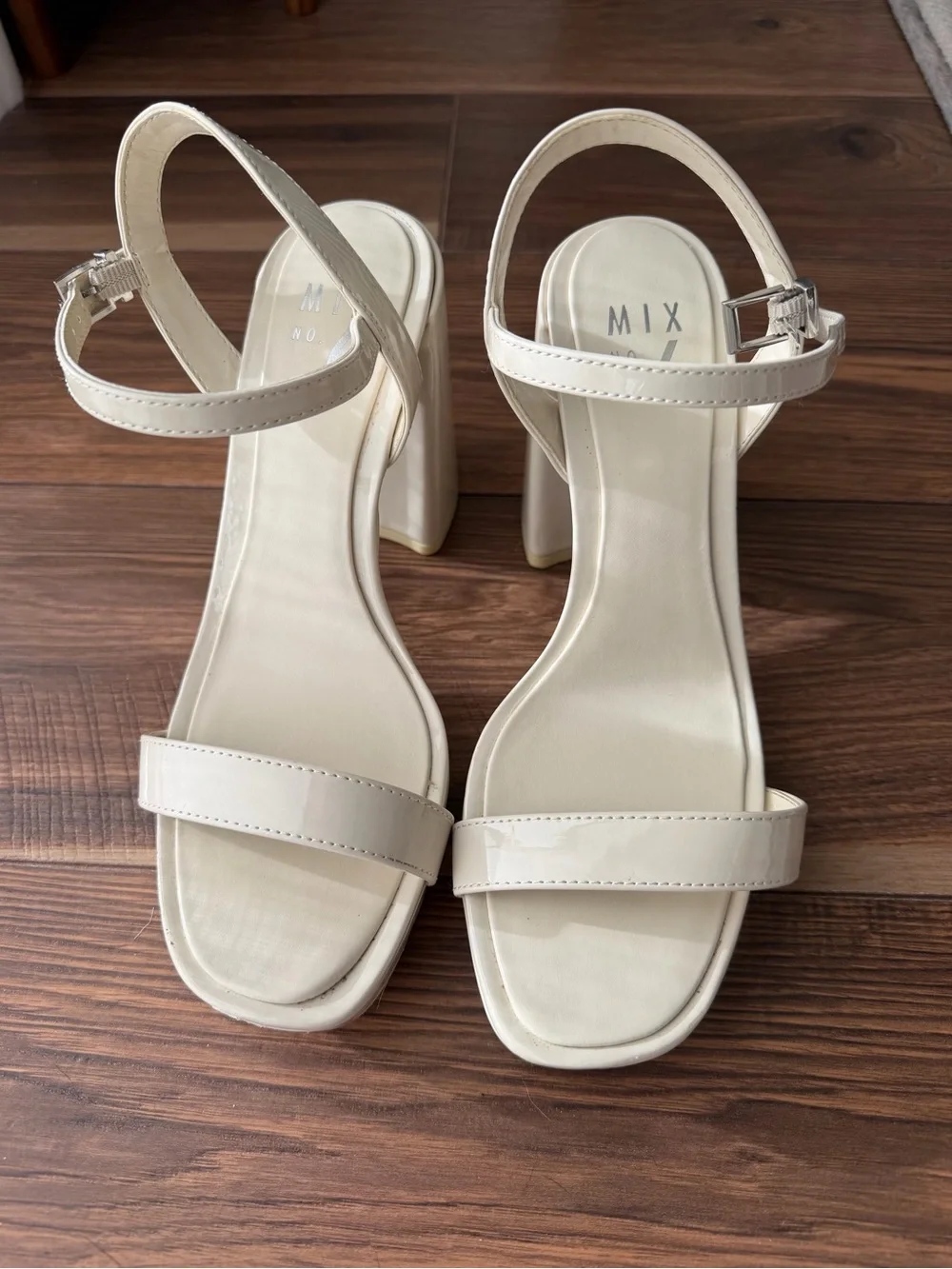 Mix No. 6 Cream Patent Block Heel Sandals with Ankle Strap